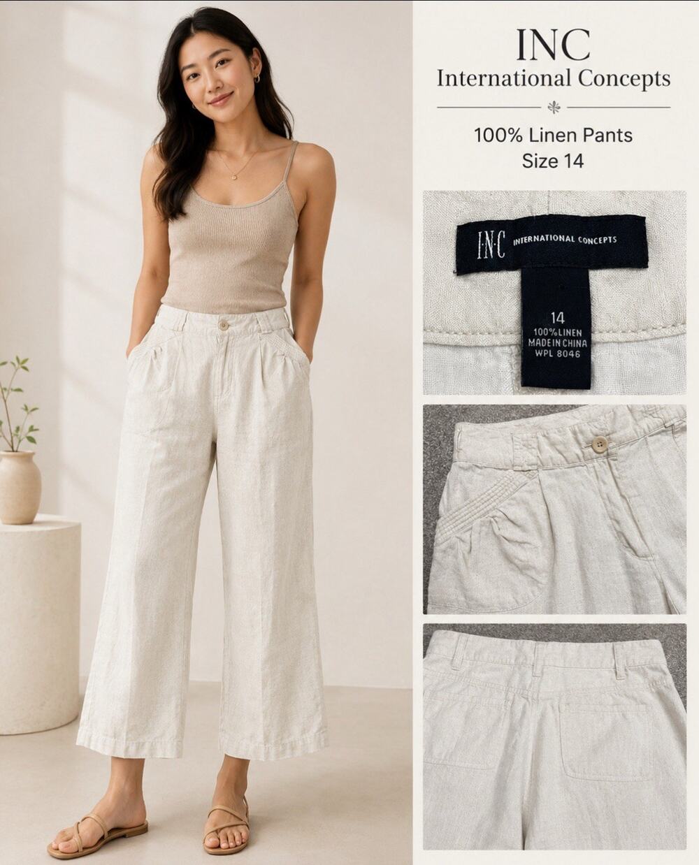 Coastal INC International Concepts Wide Leg Linen Pants Size 14 Natural (FLAWS)